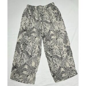 Tahari 100% Linen Pants Womens Medium Cream Floral Boho Wide Leg Summer Pull On
